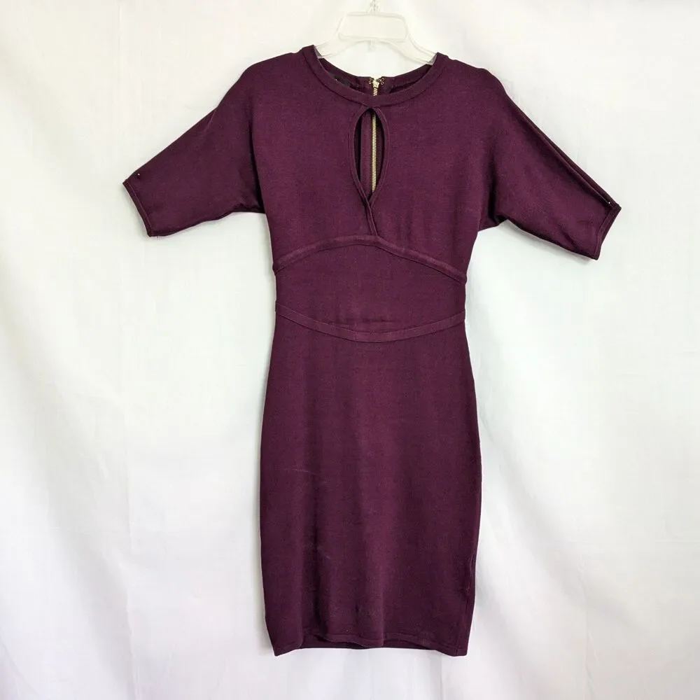 BEBE Purple Plum Knit Dress Size S Keyhole Cutout Bodycon Short Sleeves - Picture 4 of 16